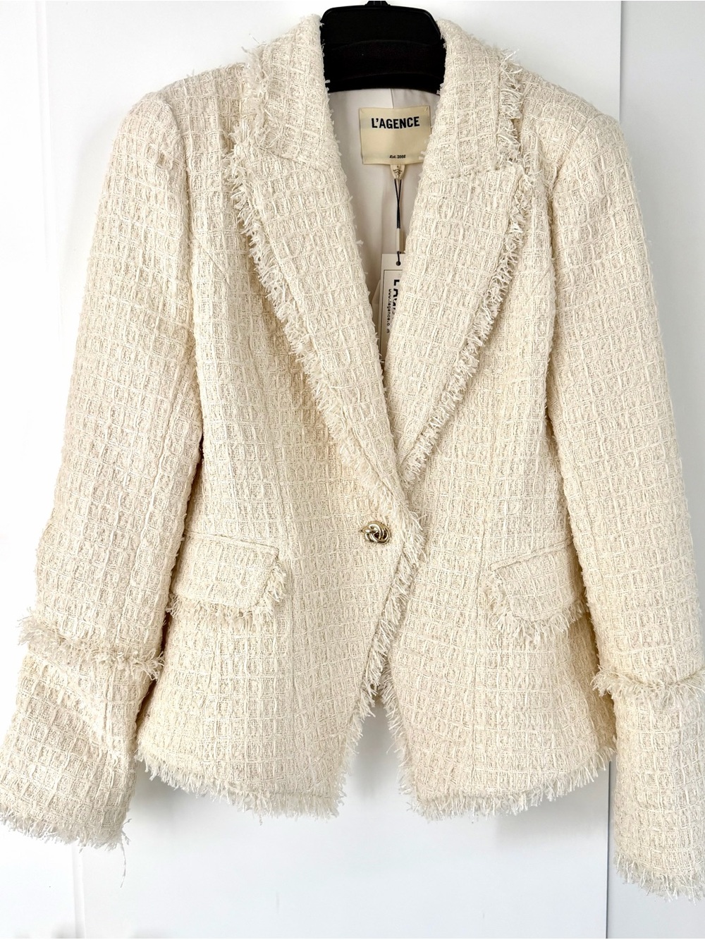 NWT L'AGENCE Kaisley Cream Tweed Frayed-Trim Blazer